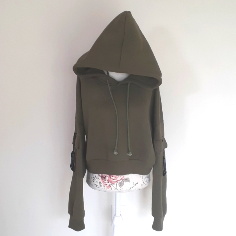 & Hot & Delicious green Crop Cargo Utility Style Hoodie